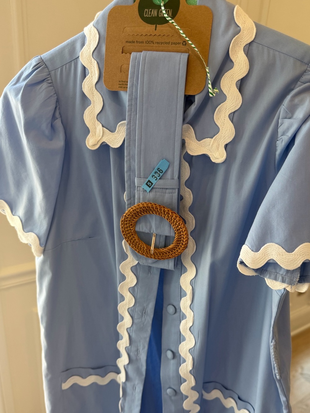 Light Blue Button-Front Dress with White Rickrack Trim
